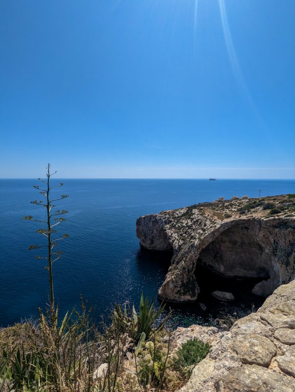 Blue Grotto on the coast of Malta, a rocky arch.