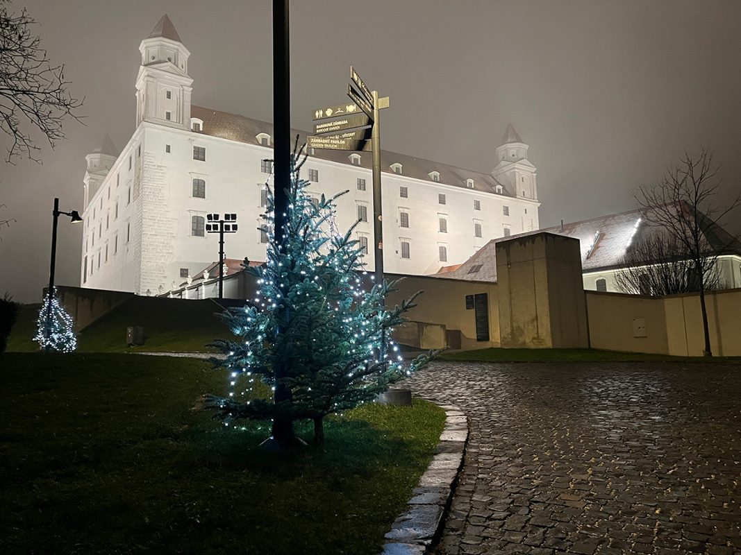 Bratislava Castle with a Christmas tree in the foreground