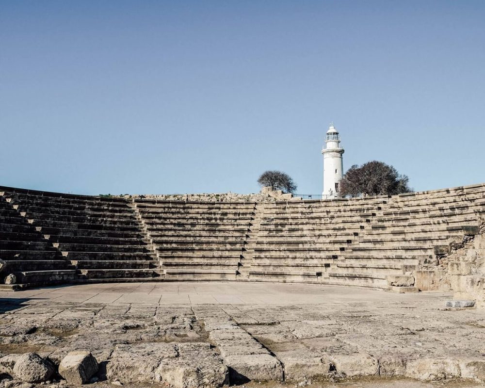Empty mpitheater in Paphos with blue sky in the background. 