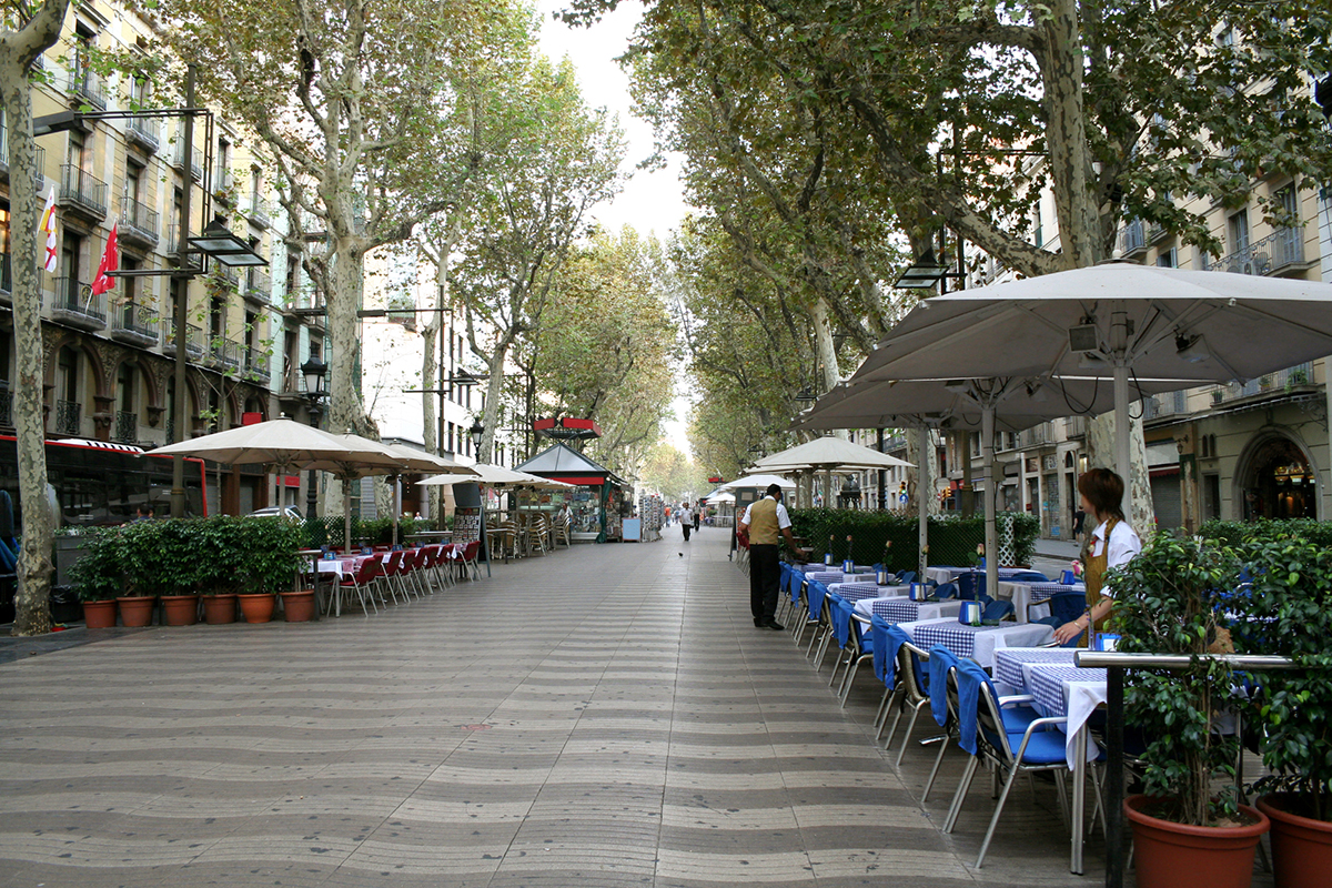 Rambla street in morning. Barcelona, Spain.