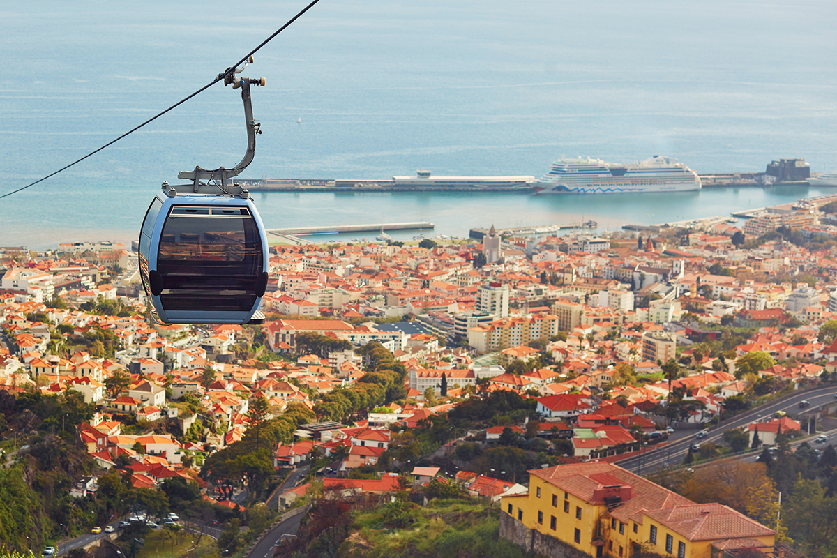 Cable ropeway cabin over the town of Funchal, Madeira island, Portugal