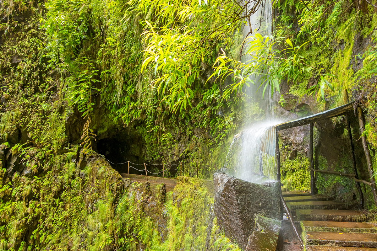 tropical waterfall on hike trail Levada do Central da Ribeira da Janela, Madeira island
