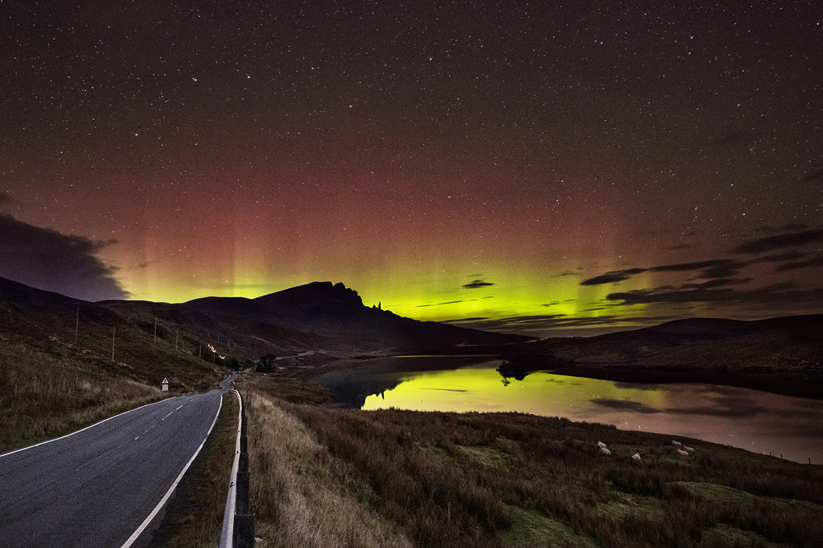 Northern Lights on the isle of Skye over the Old Man of Storr
