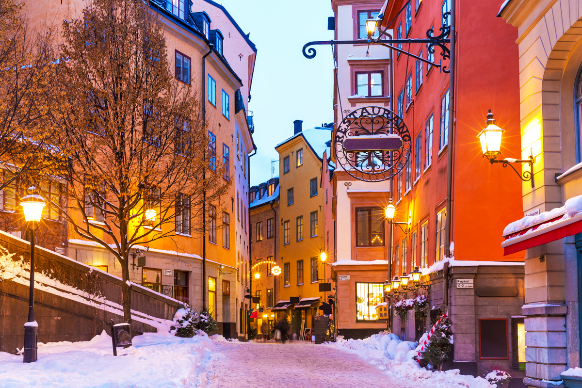 Evening winter scenery of street in Old Town (Gamla Stan)  in Stockholm, Sweden