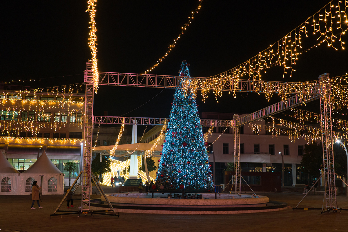 Podgorica, Montenegro - January 13, 2020: Christmas tree on Independence Square at night