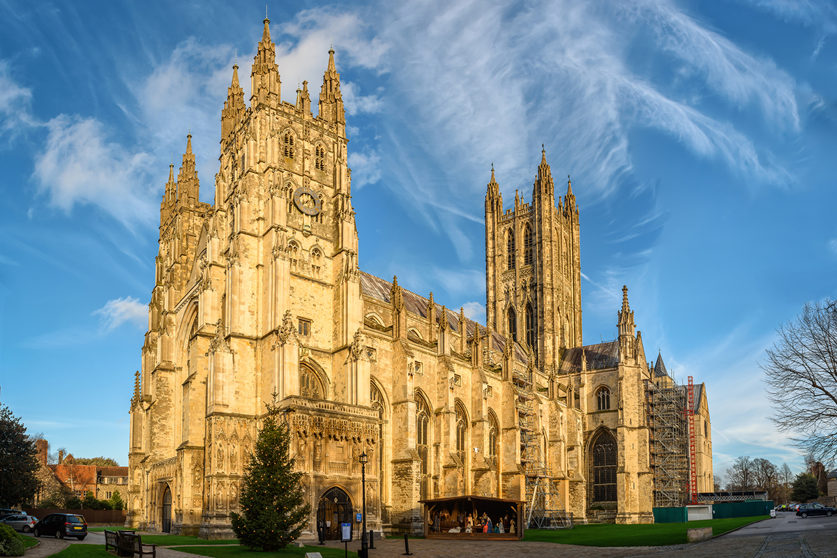 Canterbury cathedral in sunset rays, England