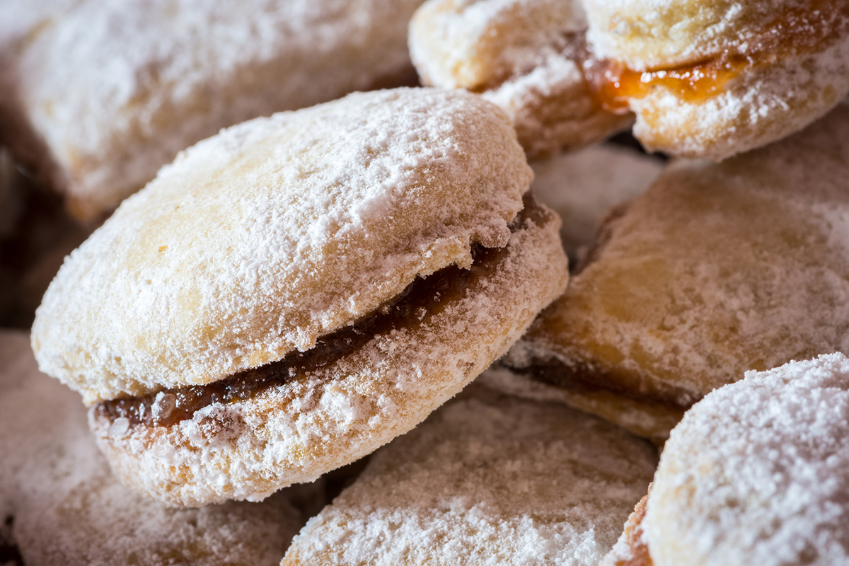 Vanilice, Serbian bite-sized small Vanilla cookies made as sandwich of two vanilla and walnut cookies held together with a dollop of jam, usually served around the Christmas