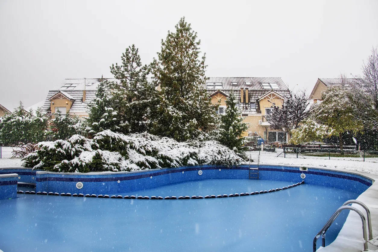 A spa in Bucharest in winter when it is snowing outside.