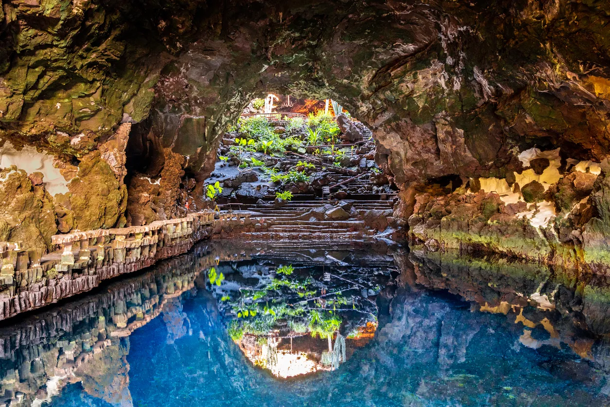 Cave Jameos del Agua, natural cave and pool created by the eruption of the Monte Corona volcano in Lanzarote, Canary Islands, Spain