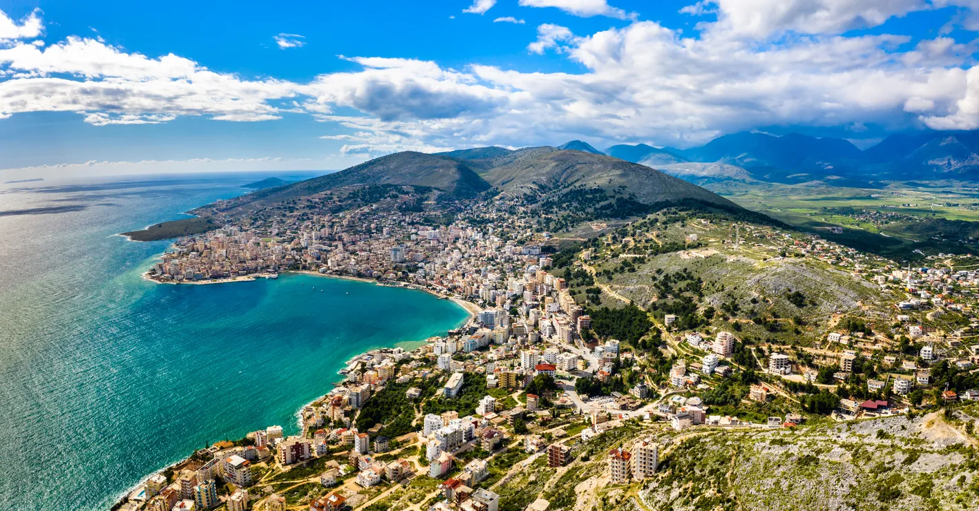 Aerial panorama of Saranda with Lekuresi Castle in South Albania