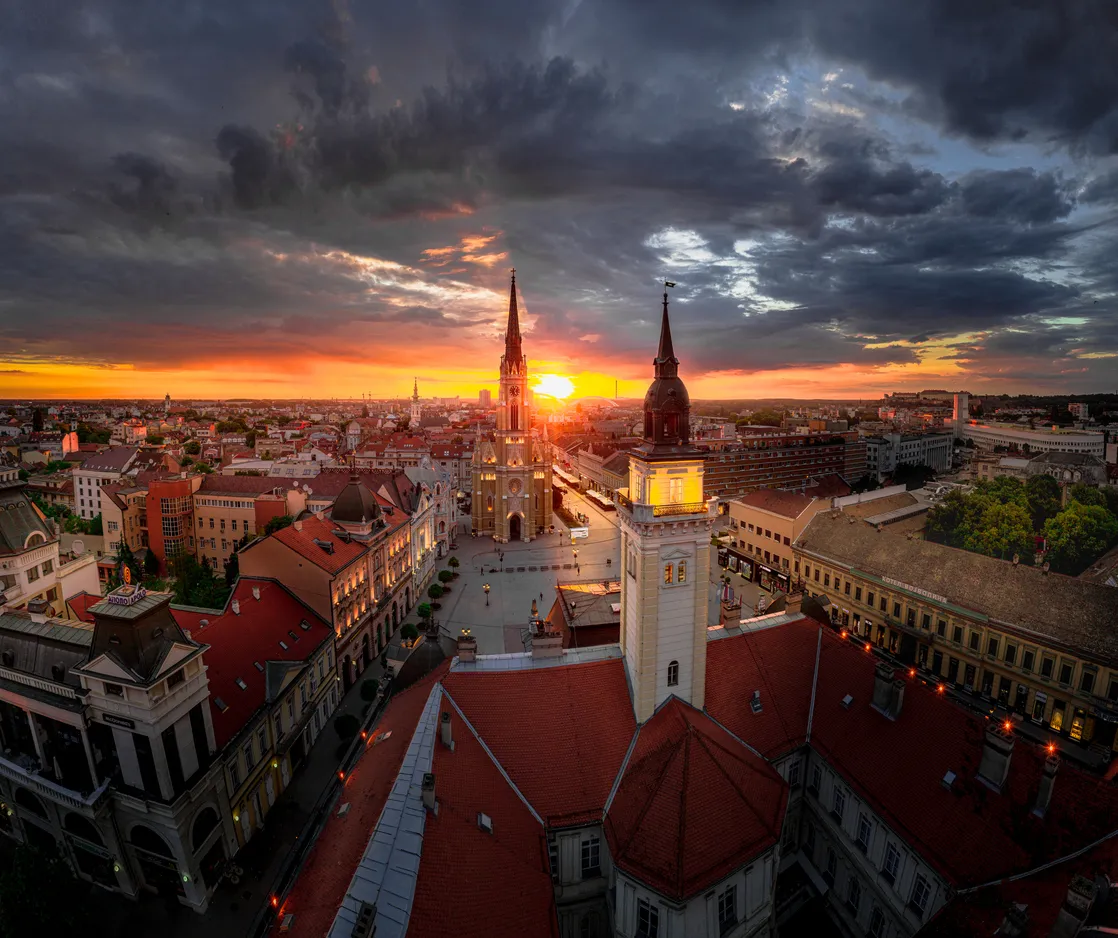 Beautiful sunrise in the city of Novi Sad and a view from the drone on Sloboda Square