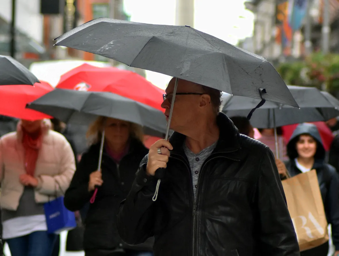 Rainy day in Dublin, Henry Street full of people with umbrellas, Ireland