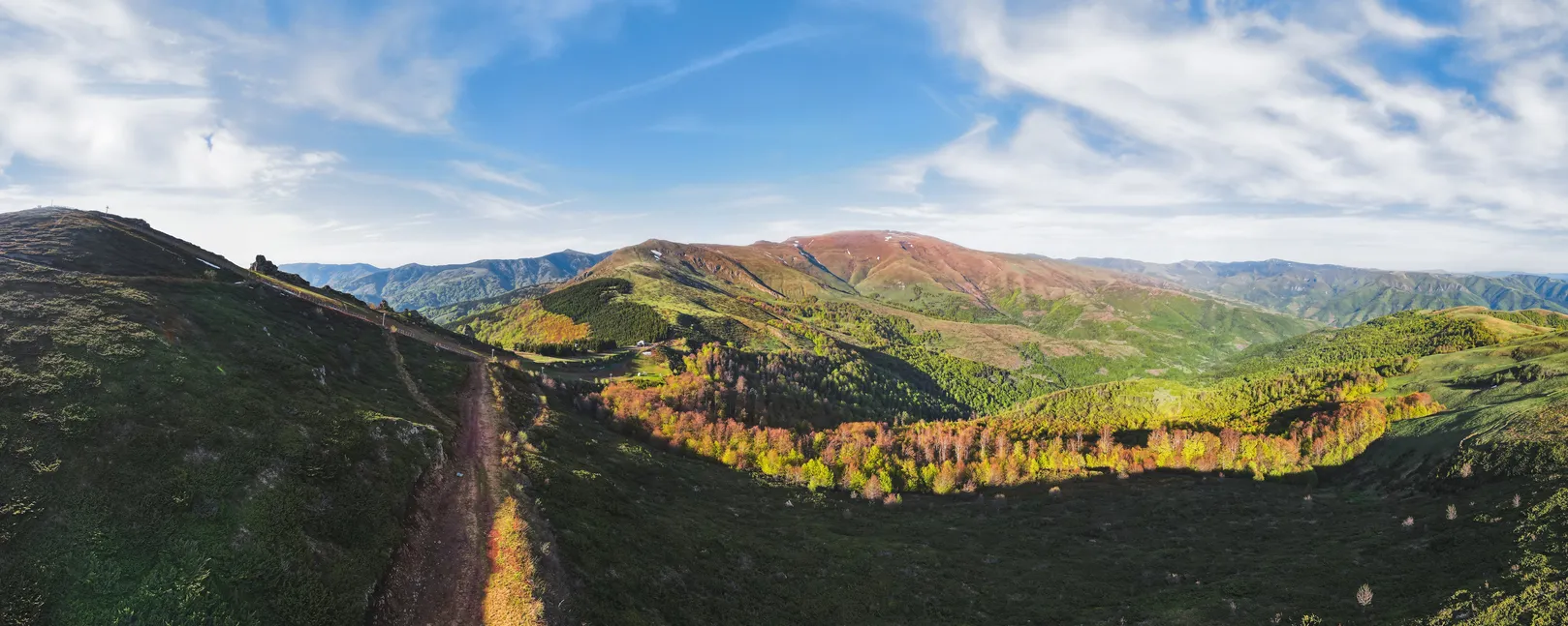 Panoramic view of Midzor mountain peak during sunset. Nature outdoors travel destination, Balkan mountain, Serbia. Aerial, drone view