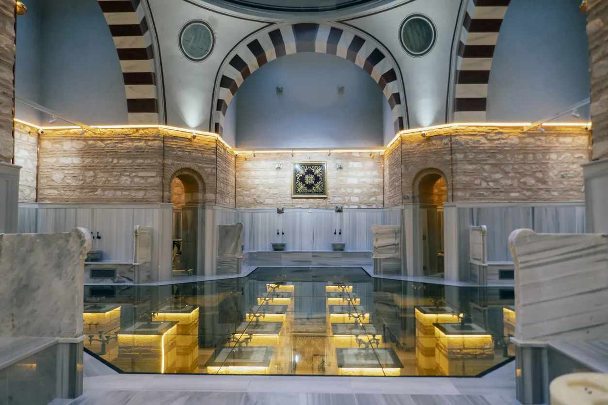 TURKEY, ISTANBUL - June 4, 2021: Selimiye Hammam .Traditional Historical Ottoman Bath in Uskudar, Istanbul. It was commissioned by Ottoman Sultan Selim III in 1802 . It is used as Nevmekan Libraries and cafe after restoration.