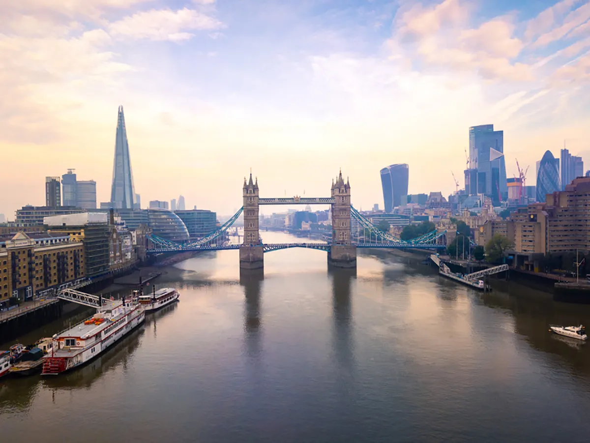 Aerial panoramic cityscape view of London and the River Thames, England, United Kingdom