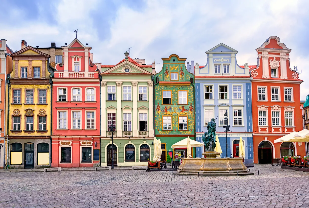 Colorful renaissance facades on the central market square in Poznan, Poland
