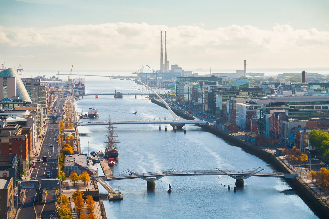 The skyline of Dublin City, Ireland looking east along the quays towards the docklands area