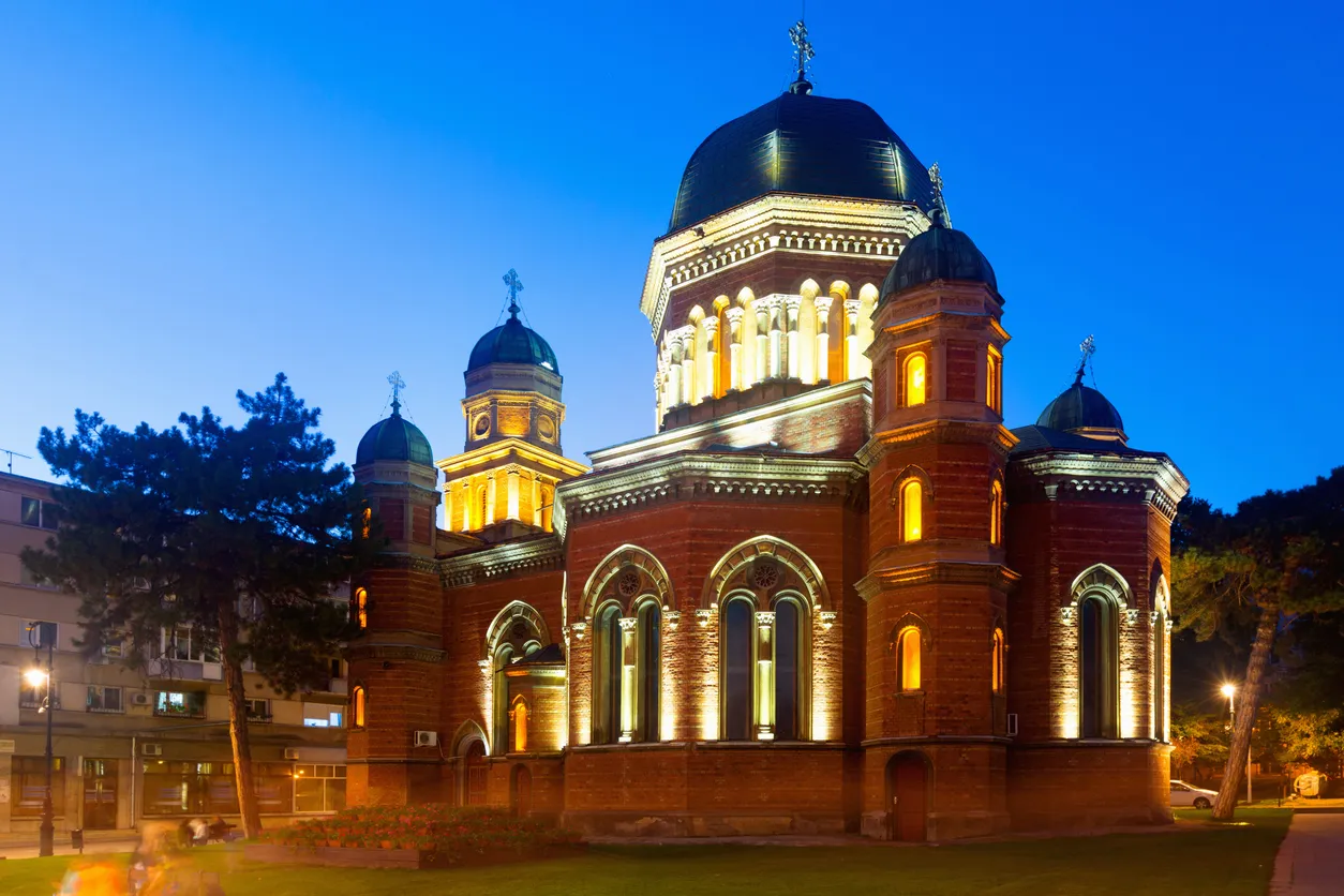 Illuminated Saint Elias Church in romanian town Craiova in evening