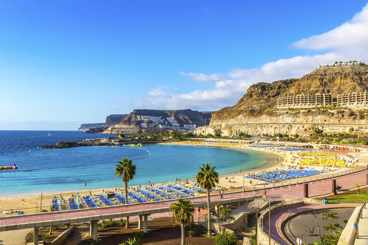 Panorama of Amadores beach (Spanish: Playa del Amadores) near famous holiday resort Puerto Rico de Gran Canaria on Gran Canaria island, Spain
