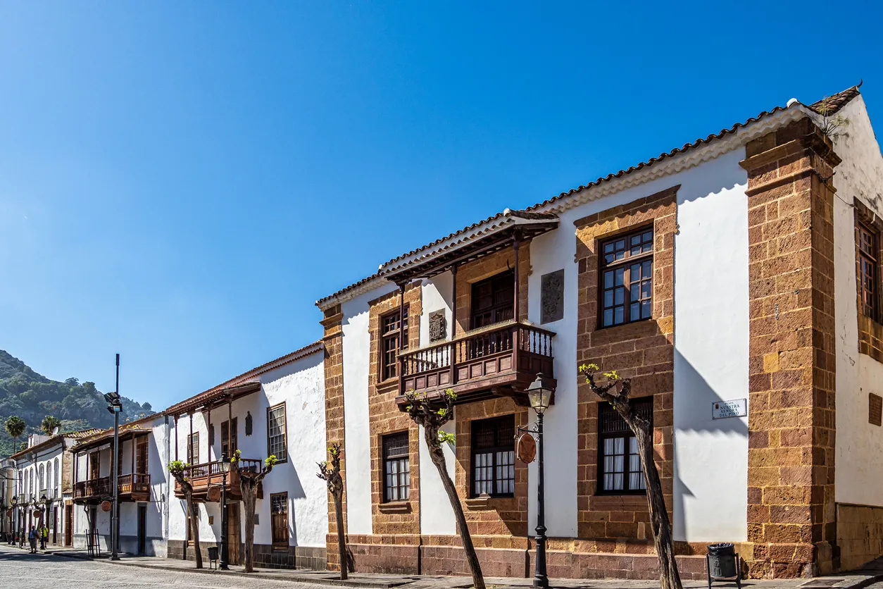 Teror at Gran Canaria, a beautiful traditional town with colorful houses with wooden balconies, Canary islands, Spain
