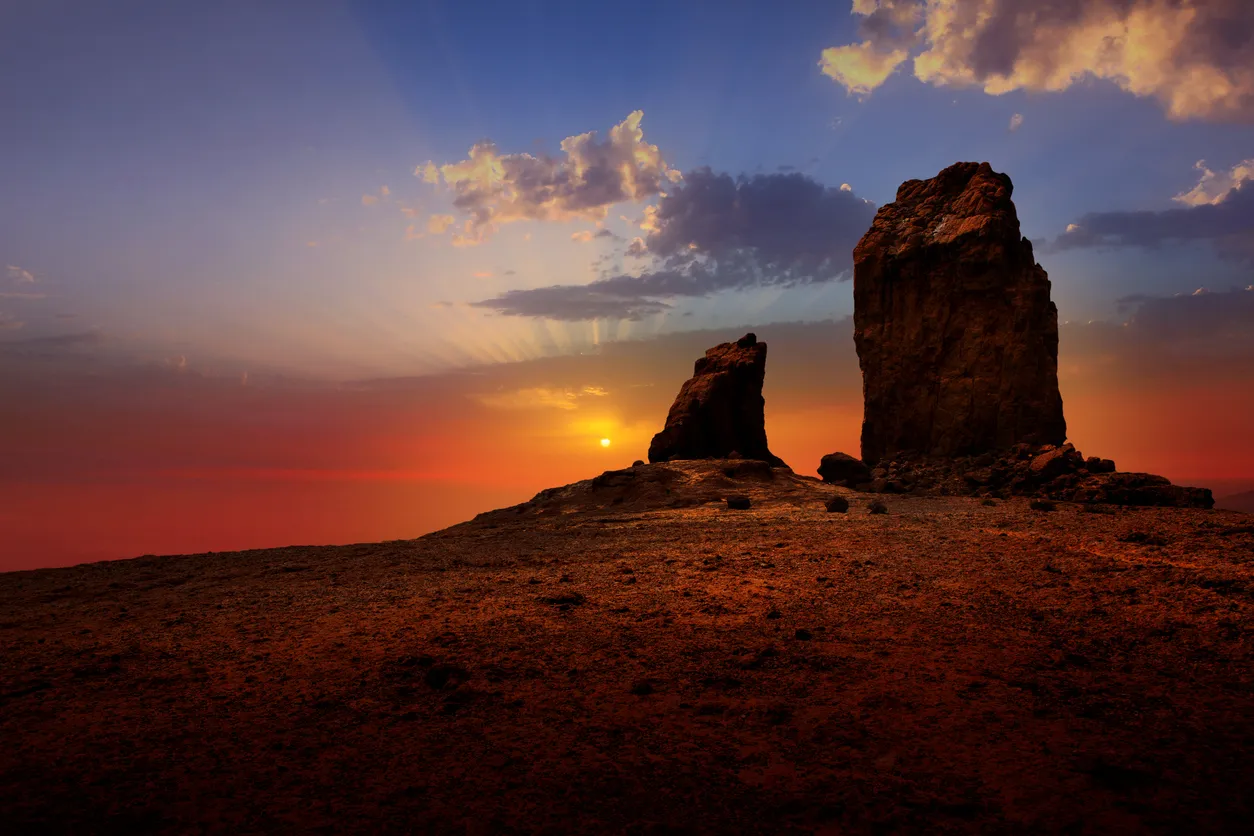 Gran canaria Roque Nublo Tejeda dramatic sunset sky in canary Islands