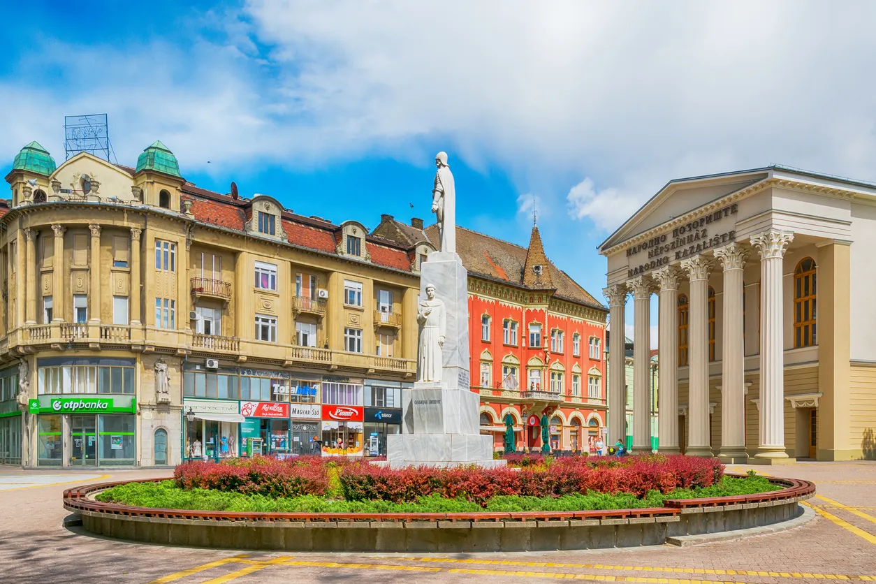 Subotica, Serbia - April 23, 2017: Monument to the emperor Jovan Nenad and national theatre in Subotica city, Serbia