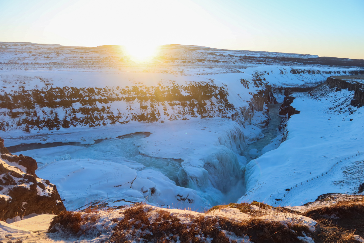 Gullfoss Waterfall, a frozen waterfall in Iceland.