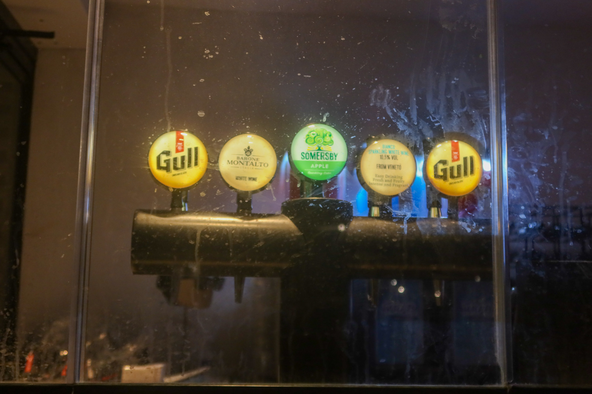 Drinks on tap at the blue lagoon, including sparkling wine, cider, wine and beer.