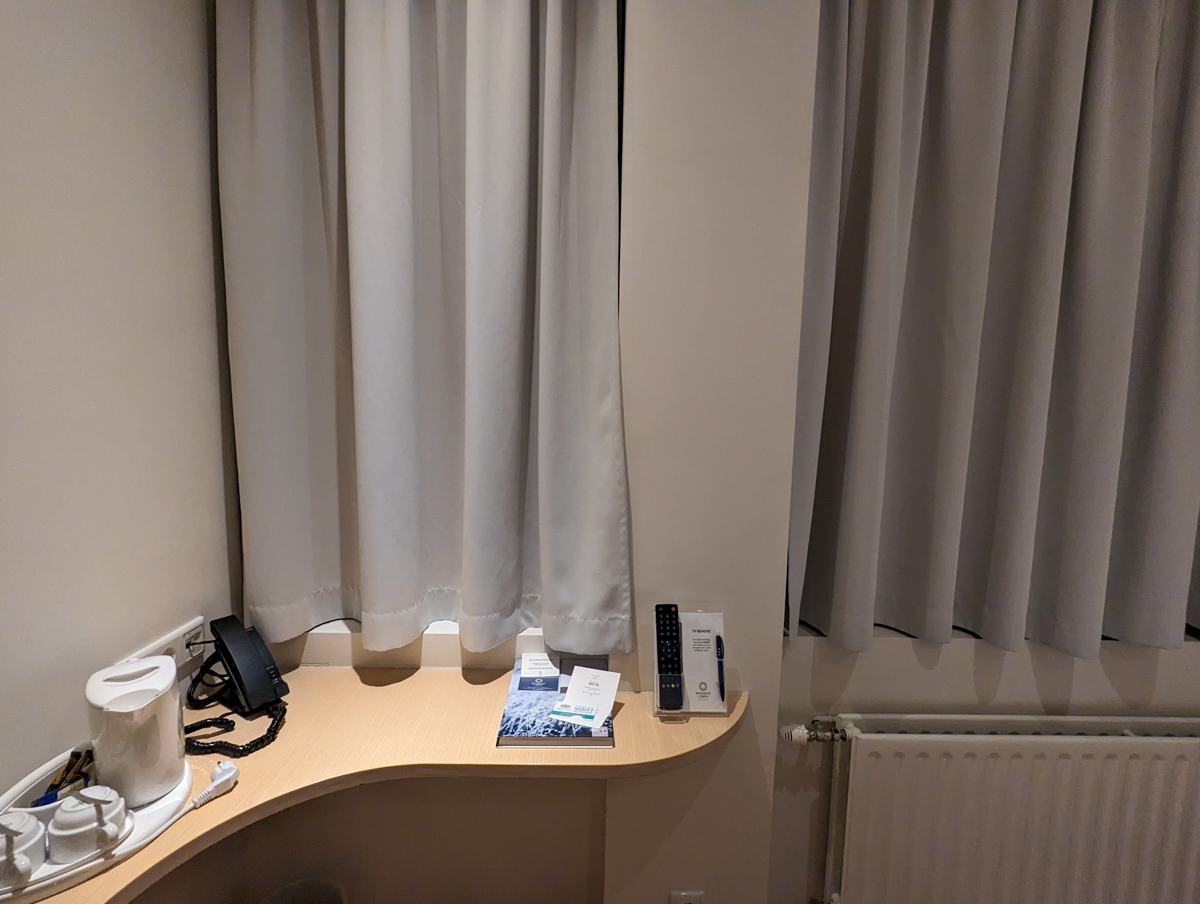The corner desk in the middle of the Reykjavik lights hotel room in Iceland
