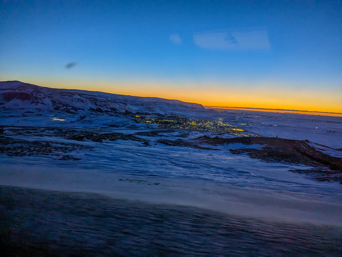 The small settlement of Hveragerdi, about 45 minutes from Reykjavik, illuminated on a winter sunrise in January.