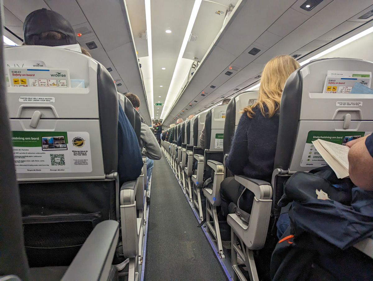 The inside of a Wideroe plane flying to Bergen, Norway
