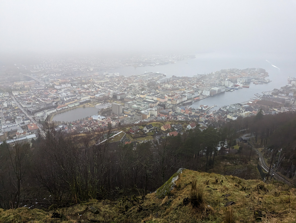 Views over Bergen from the top of Mount Floyen, a little covered by cloud.