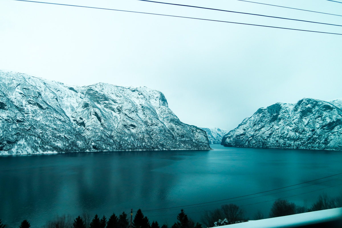 View over the snowy cliffs at a viewpoint near Flam