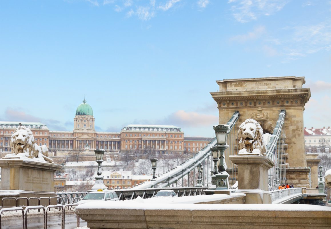 Chain Bridge and Royal Palace in Budapest at winter day Hungary