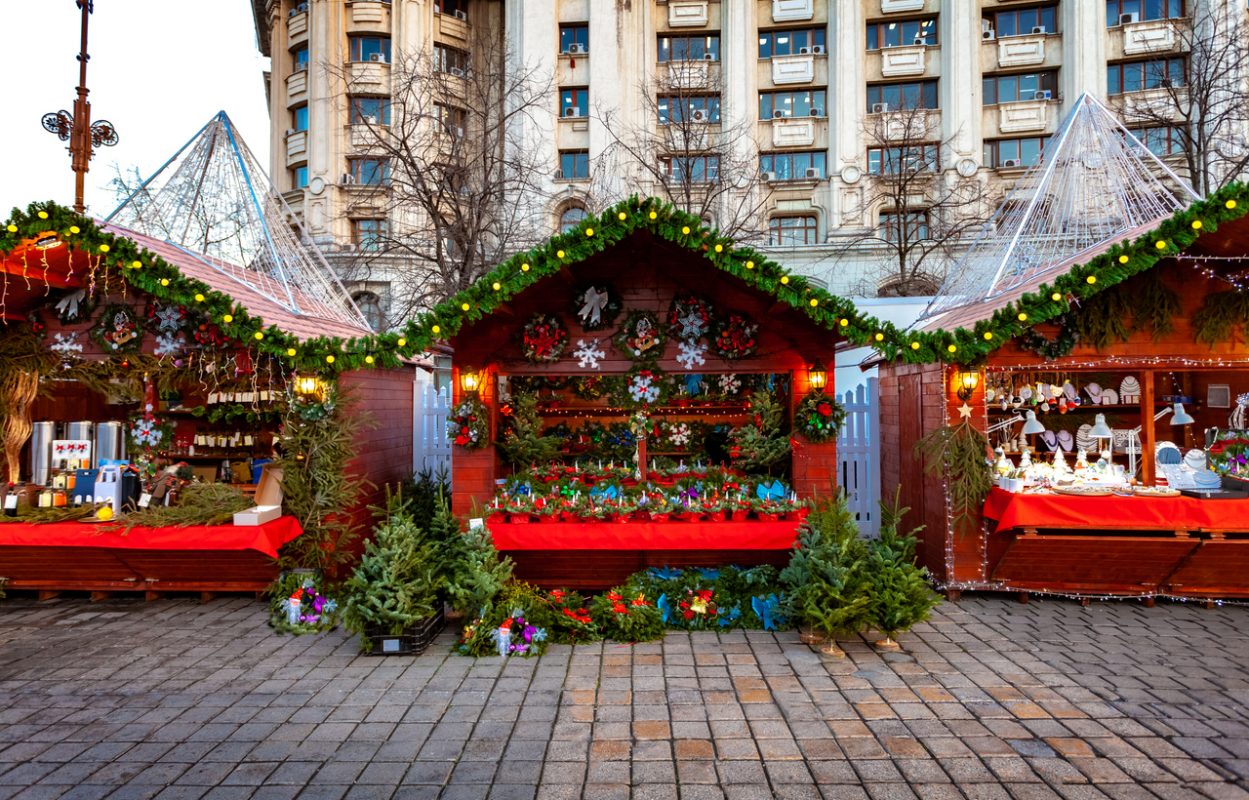 Wooden traditional Christmas houses in the market of Bucharest, in winter holiday, Romania
