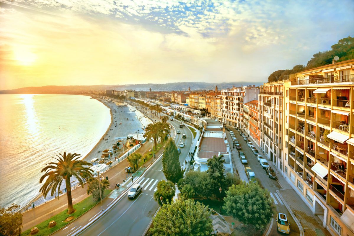 View of Nice city and Promenade des Anglais at sunset. Cote d’Azur, France