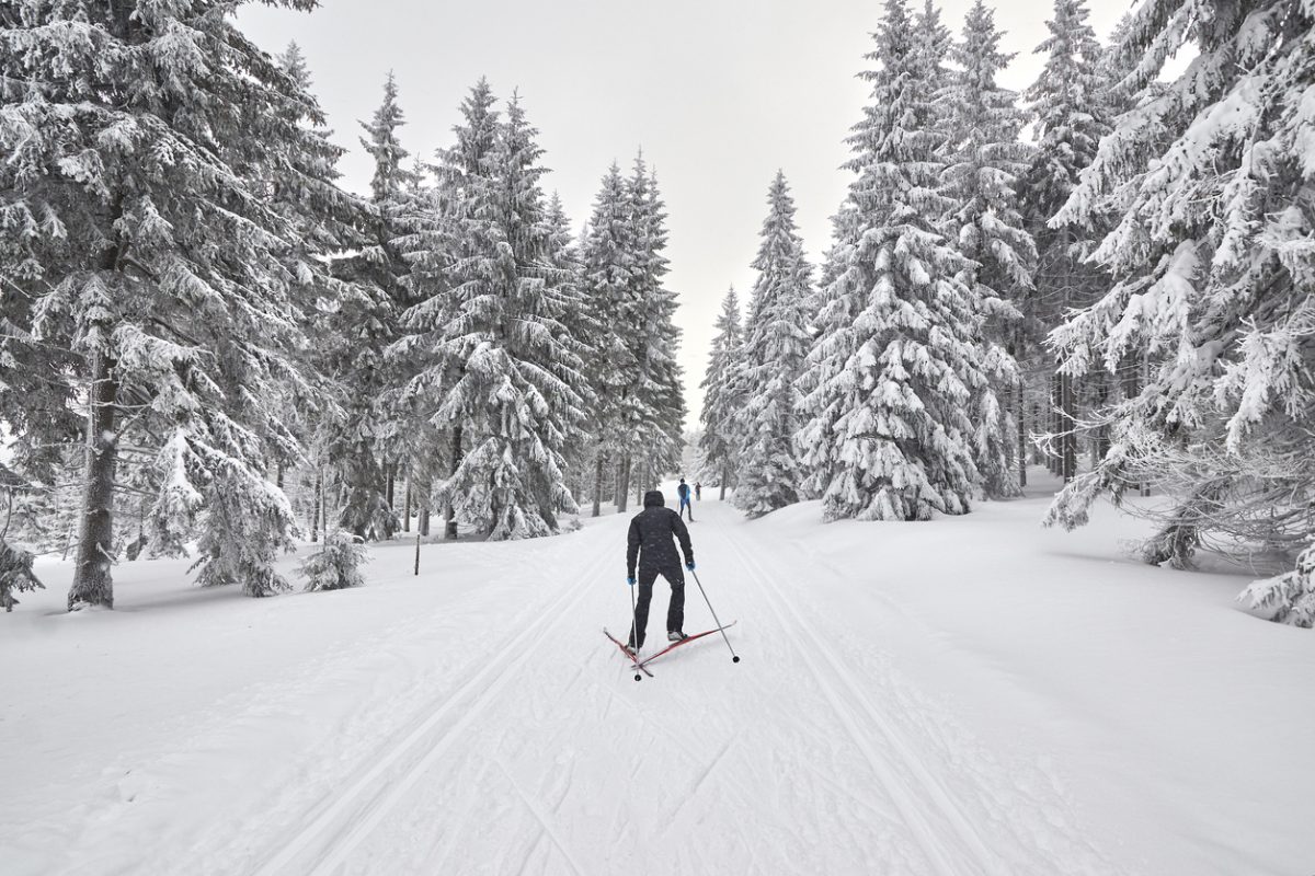 Cross-country skiers on trail after heavy snowfalls, Jakuszyce, Poland.