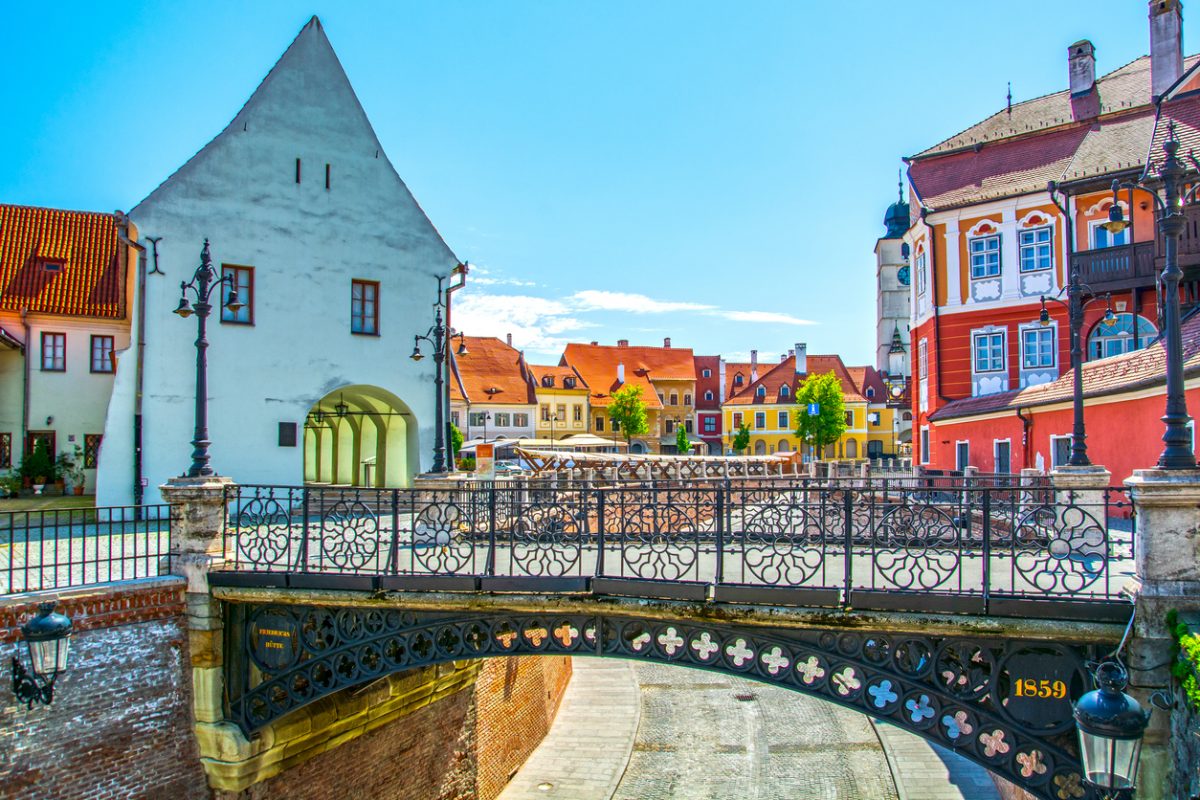 Sibiu, Transylvania, Romania, the Liars Bridge and view of Small Square and Council Tower