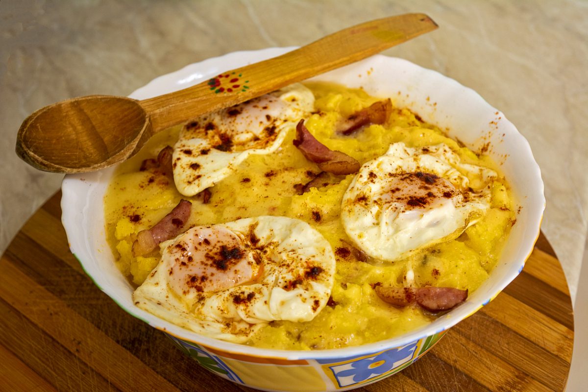 Bulz is a traditional Romanian food made especially at sheepfolds. The recipes varies from zone to tone. Here it has an egg (not always present), polenta and cheese