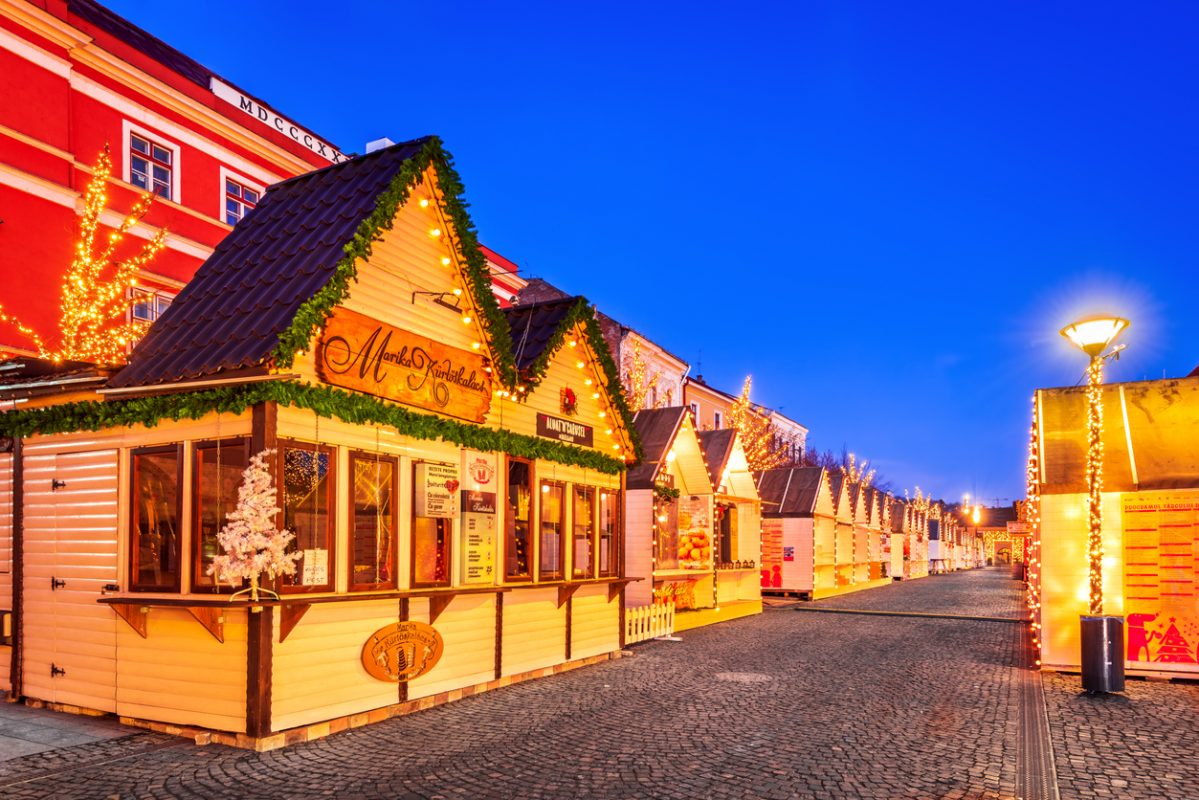 Cluj Napoca, Romania - December 2019: Cluj Christmas Market in Transylvania, Eastern Europe winter holiday scene.
