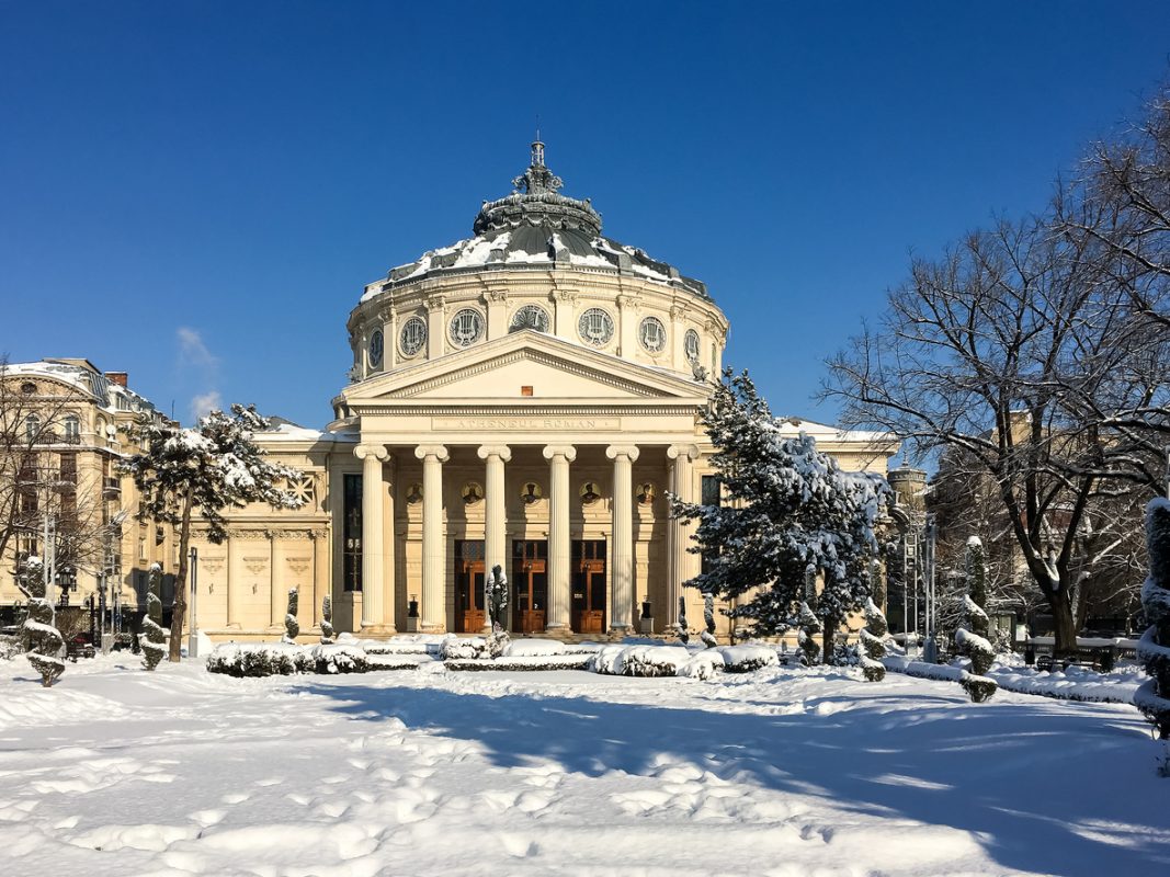 Bucharest, Romania - January 19, 2016: The Romanian Athenaeum George Enescu (Ateneul Roman) opened in 1888 is a concert hall in the center of Bucharest and a landmark of the Romanian capital city.