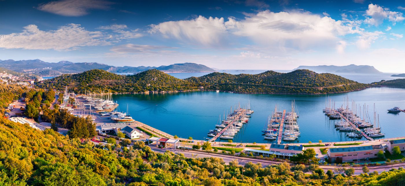 View from the bird's eye of the Kas city, district of Antalya Province of Turkey, Asia. Colorful spring panorama of small Mediterranean yachting and tourist town.