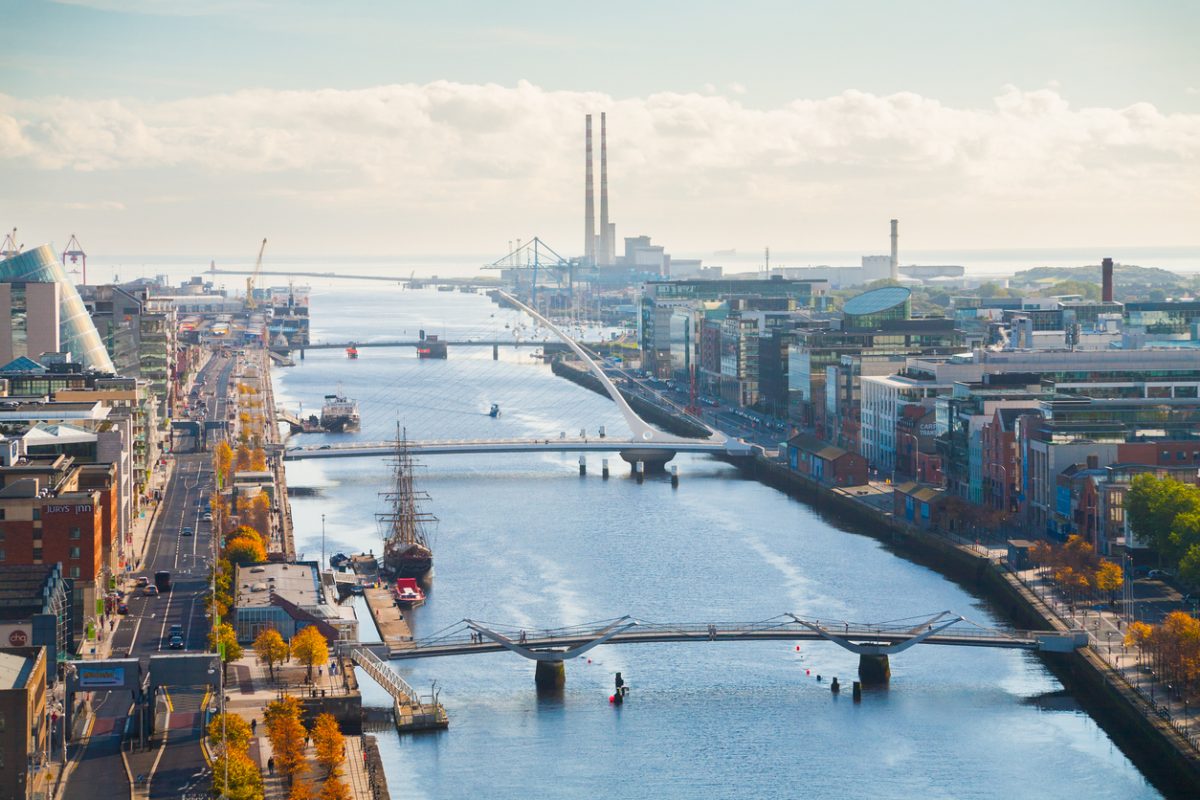 The skyline of Dublin City, Ireland looking east along the quays towards the docklands area