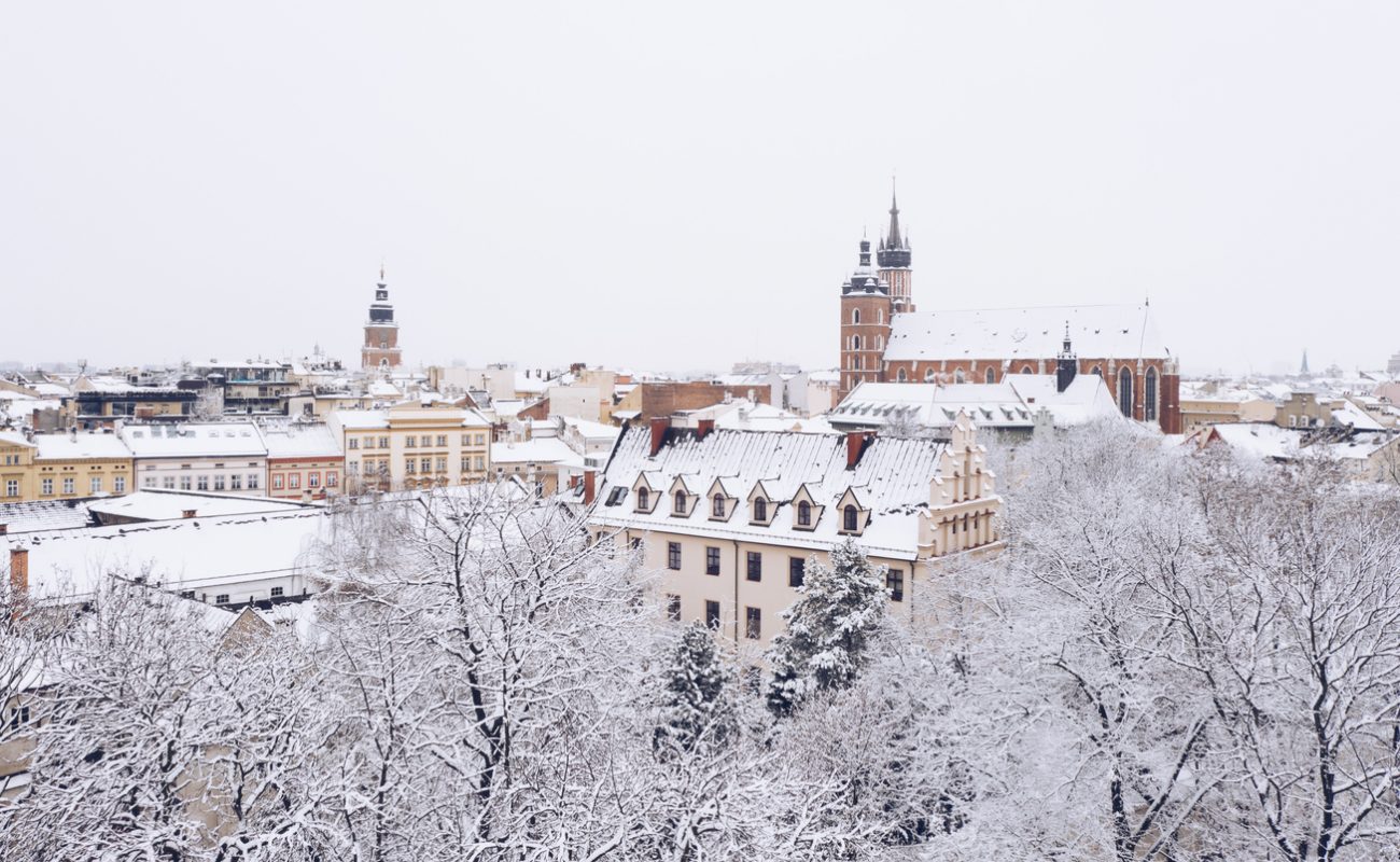 Aerial Krakow cityscape at winter