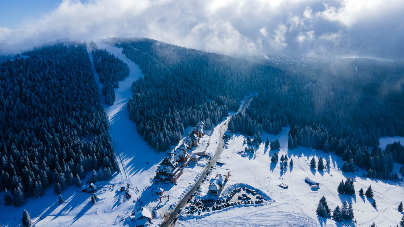 Aerial view at slope on ski resort. Forest and ski slope from air. Winter landscape from a drone. Snowy landscape on ski resort. Aerial photography