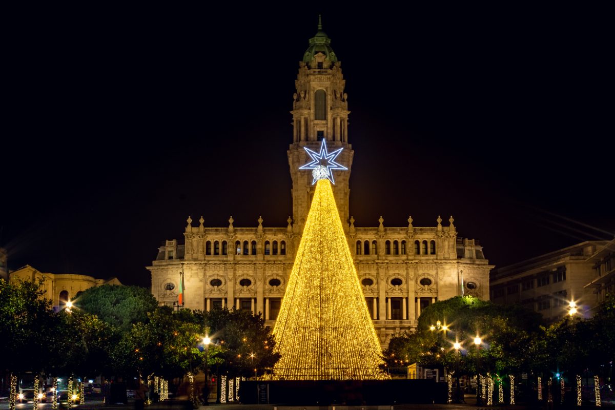 View of the traditional Christmas tree, in front of the city hall of the Oporto city.