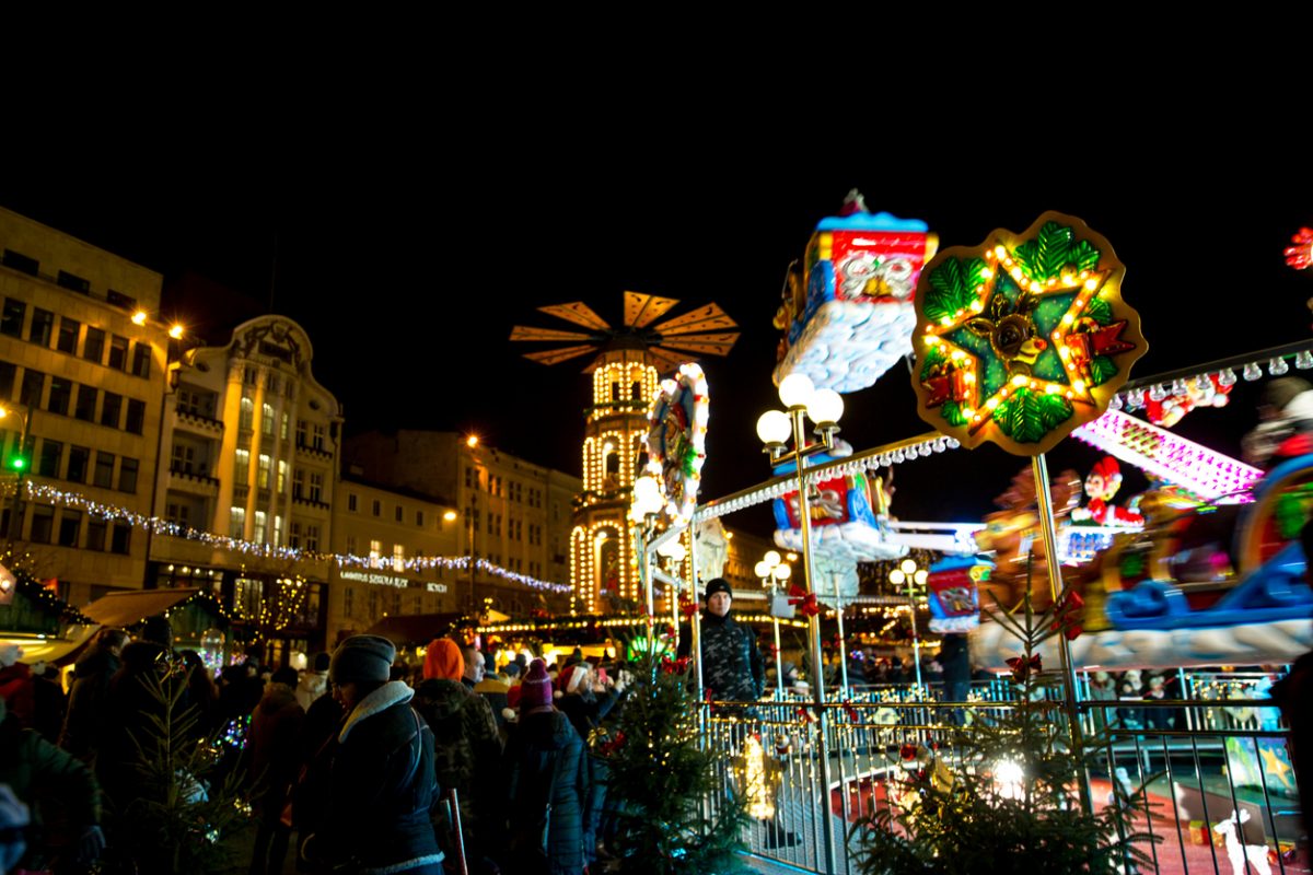 December 15, 2018. Poznan, Poland. Traditional Christmas market in the historic center of Poznan, Poland. Merry-go-round with children.