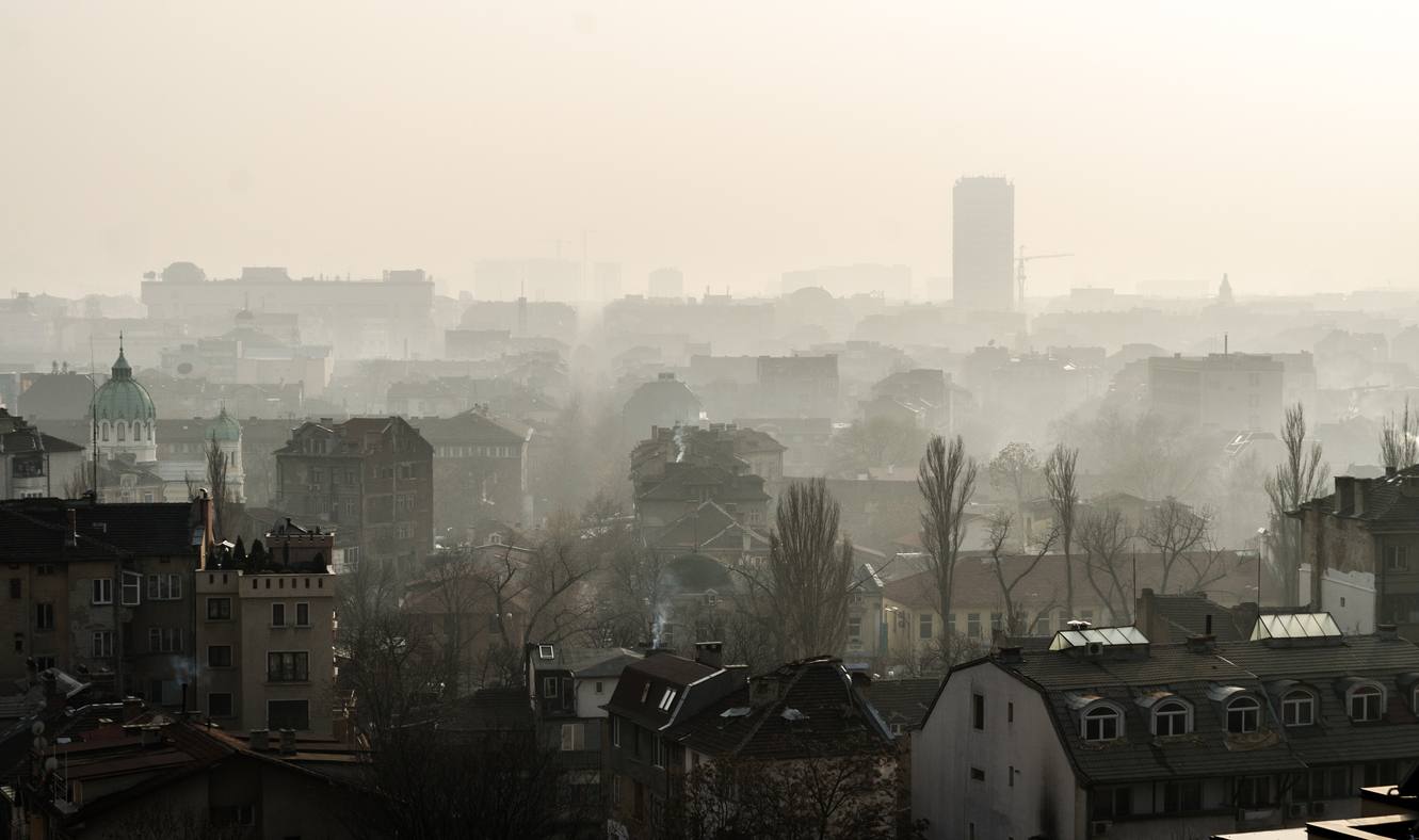 Fog over the city in a rainy day in Bulgarian capital Sofia