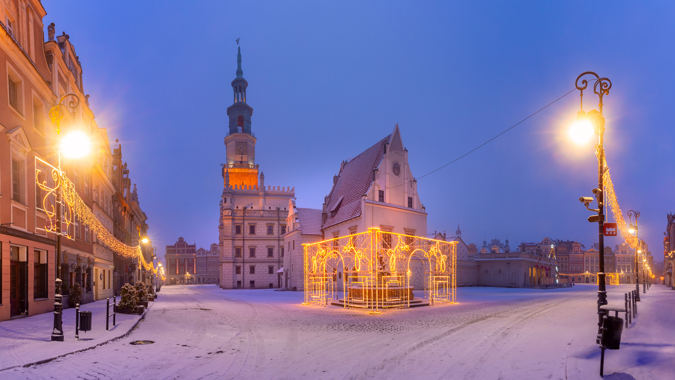 Panorama of Poznan Town Hall and Christmas tree at Old Market Square in Old Town in the snowy night, Poznan, Poland