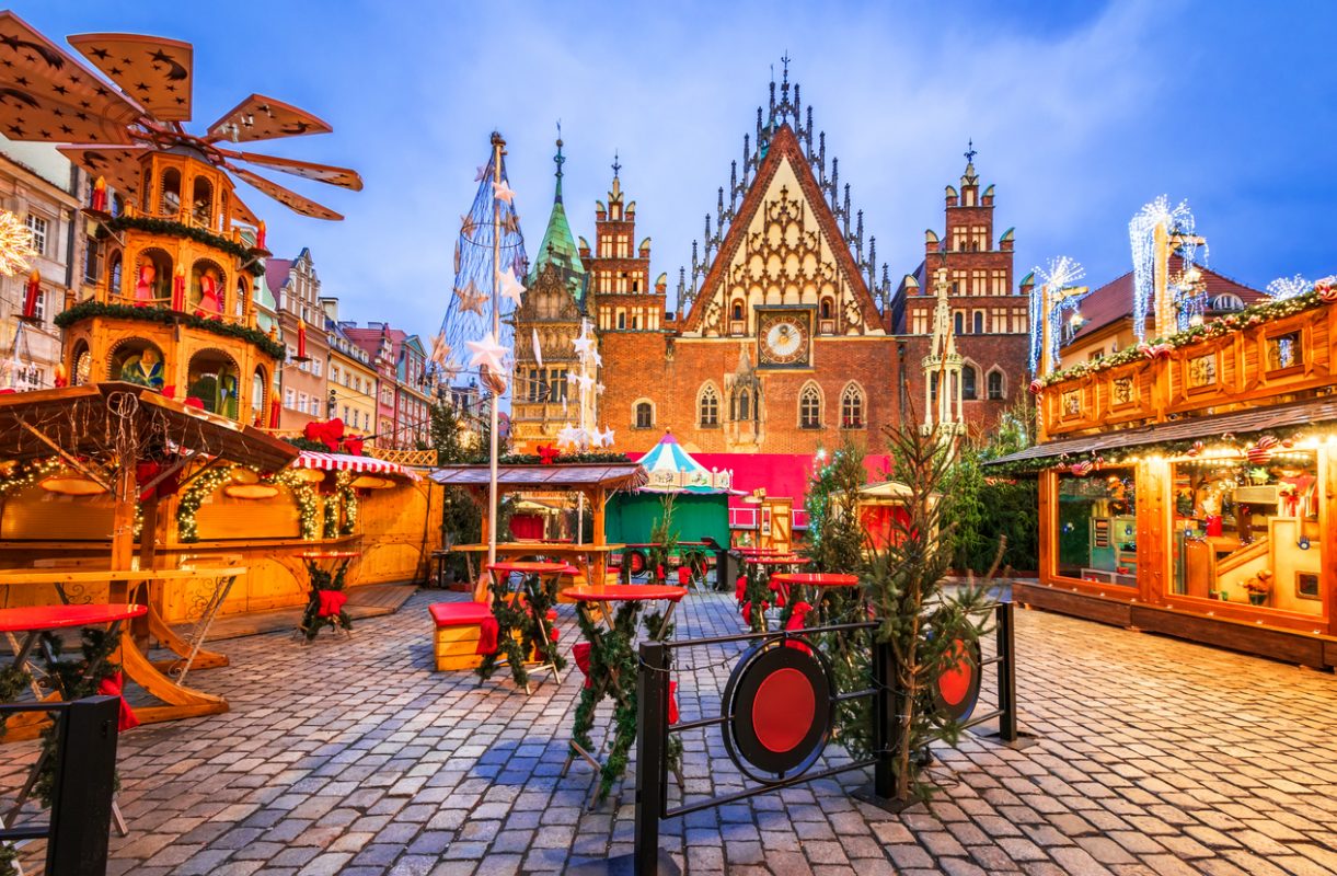 Wroclaw, Poland. Winter traveling background with famous Christmas Market of Europe.